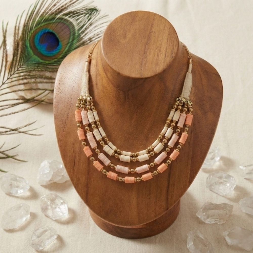Boho Layered Statement Necklace Muted Orange Ivory Antique Gold Multi Strand Bib